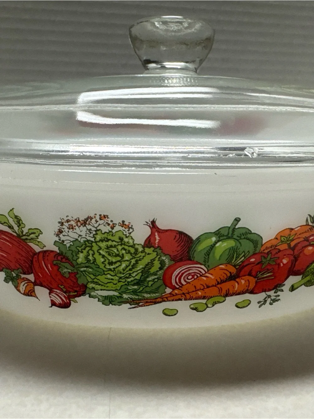 Vintage Glasbake Milk Glass Oval Vegetables Theme 1 qt Casserole Dish W/ Lid